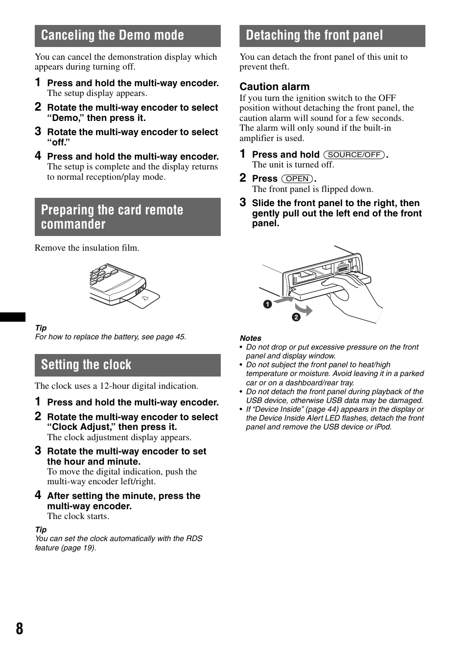 Canceling the demo mode, Preparing the card remote commander, Setting the clock | Detaching the front panel | Sony DSX-S310BTX User Manual | Page 8 / 108