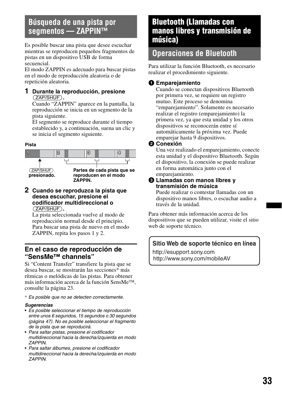 Búsqueda de una pista por segmentos - zappin, En el caso de reproducción de “sensme™ channels, Operaciones de bluetooth | Búsqueda de una pista por segmentos — zappin | Sony DSX-S310BTX User Manual | Page 83 / 108