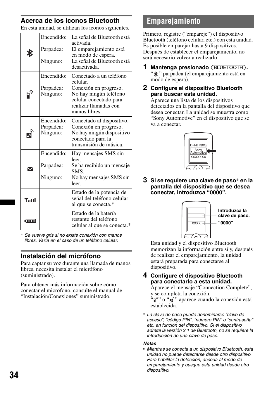 Acerca de los iconos bluetooth, Instalación del micrófono, Emparejamiento | Sony DSX-S310BTX User Manual | Page 84 / 108