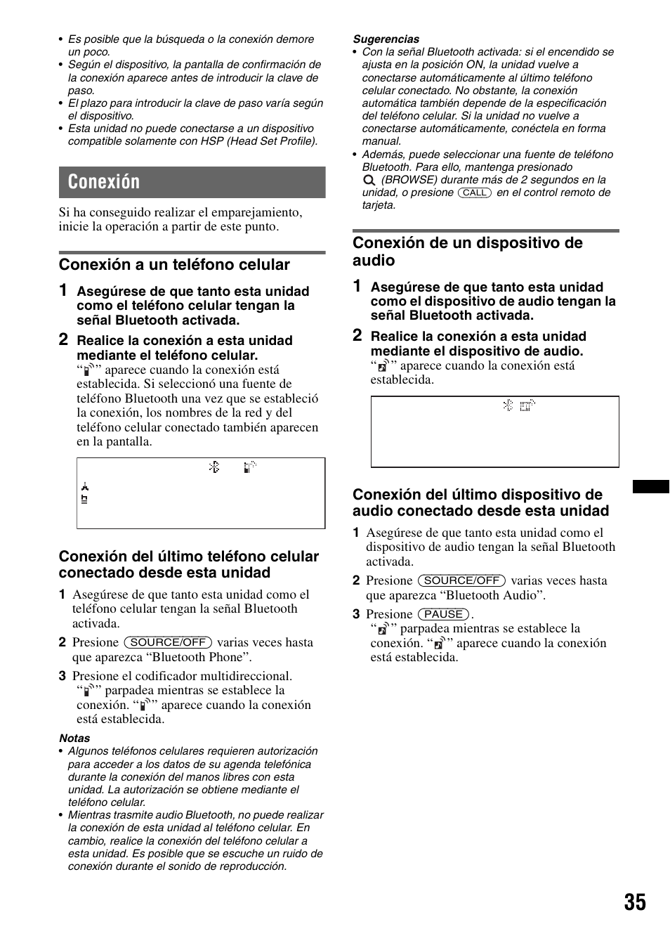 Conexión, Conexión a un teléfono celular, Conexión de un dispositivo de audio | Sony DSX-S310BTX User Manual | Page 85 / 108