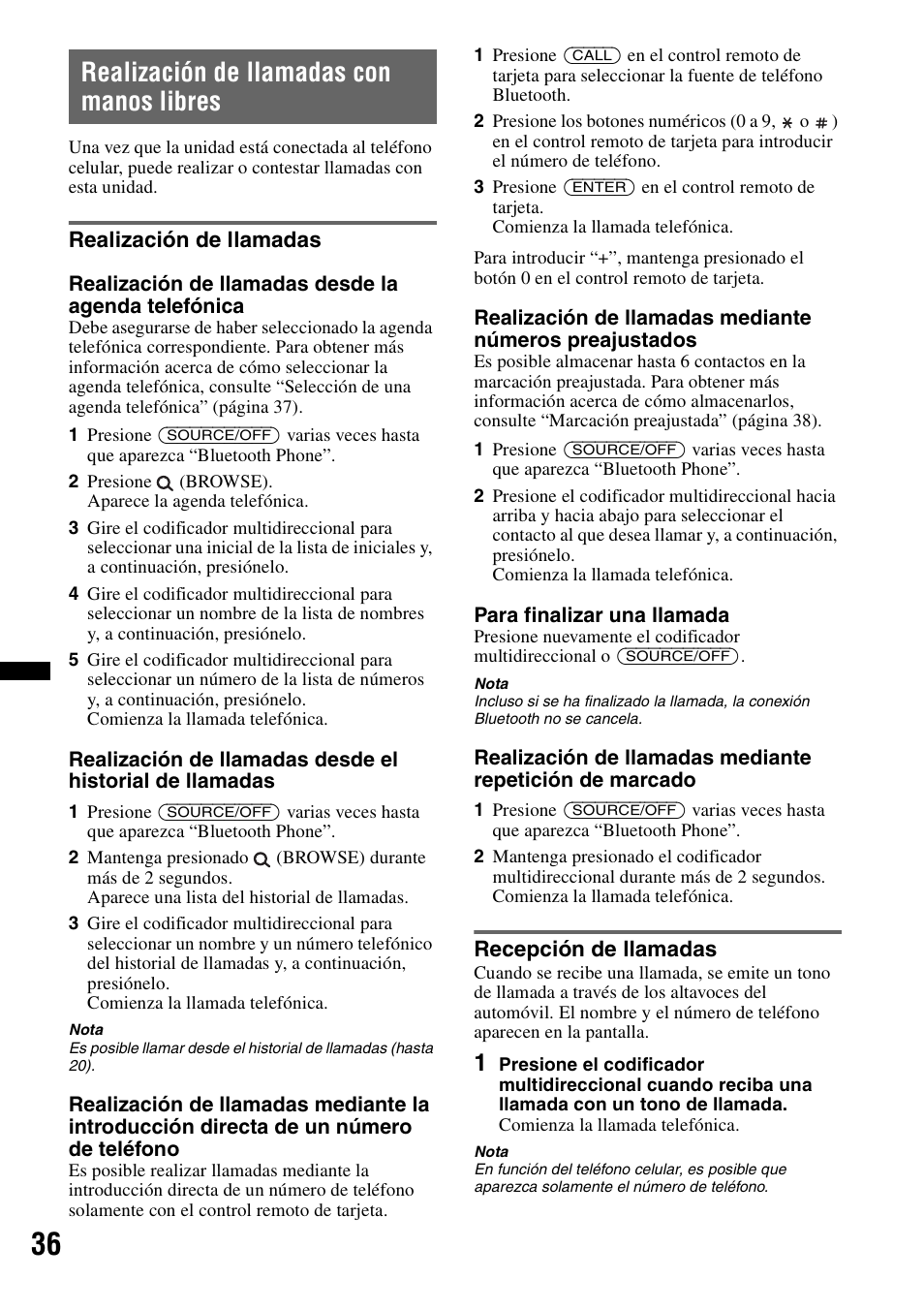 Realización de llamadas con manos libres, Realización de llamadas, Recepción de llamadas | Realización de llamadas recepción de llamadas | Sony DSX-S310BTX User Manual | Page 86 / 108
