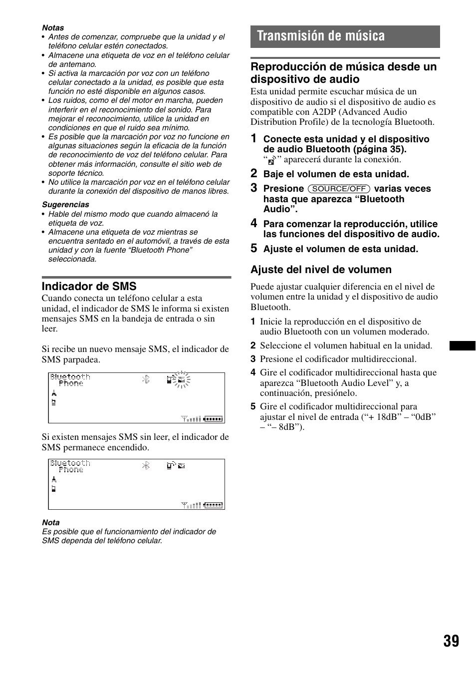 Indicador de sms, Transmisión de música | Sony DSX-S310BTX User Manual | Page 89 / 108