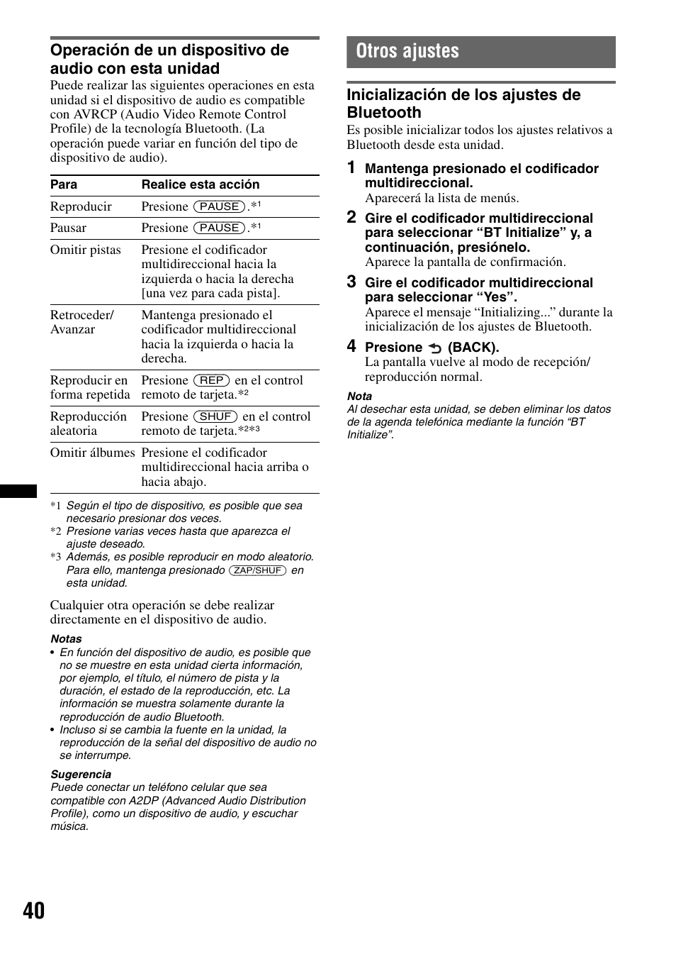Otros ajustes, Inicialización de los ajustes de bluetooth | Sony DSX-S310BTX User Manual | Page 90 / 108