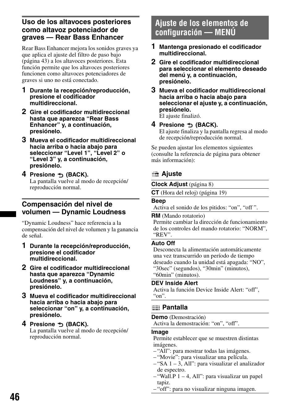 Ajuste de los elementos de configuración - menú, Ajuste de los elementos de configuración — menú | Sony DSX-S310BTX User Manual | Page 96 / 108