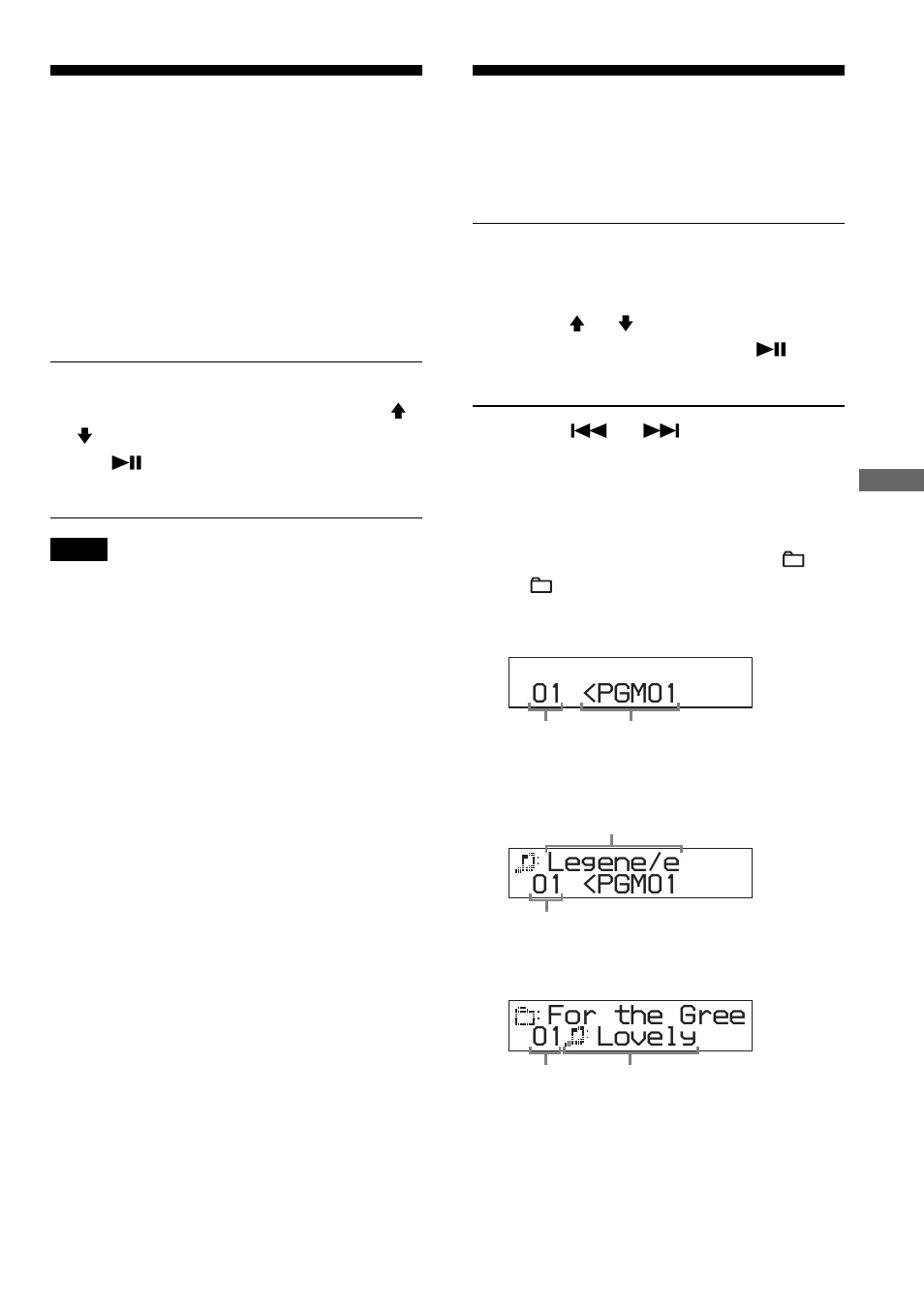 Playing tracks in your favorite order (pgm play), Playing tracks you have played most, Playing tracks in your favorite order | Pgm play), 01 <pgm01, 01 <pgm01 legene/e, 01 lovely for the gree | Sony D-NE300CK User Manual | Page 19 / 36