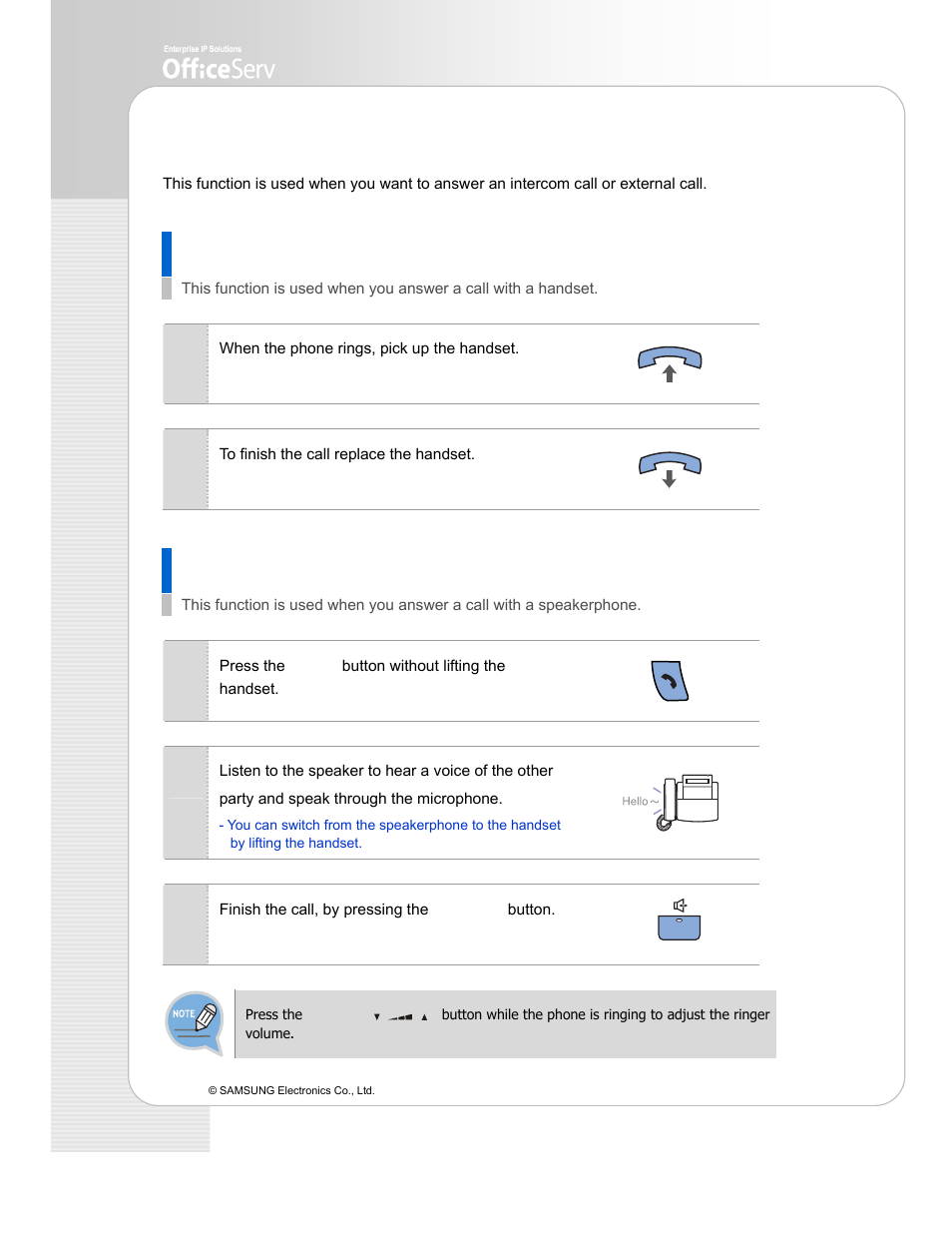 Answering a call | Samsung ITP-5114D EN User Manual | Page 26 / 40