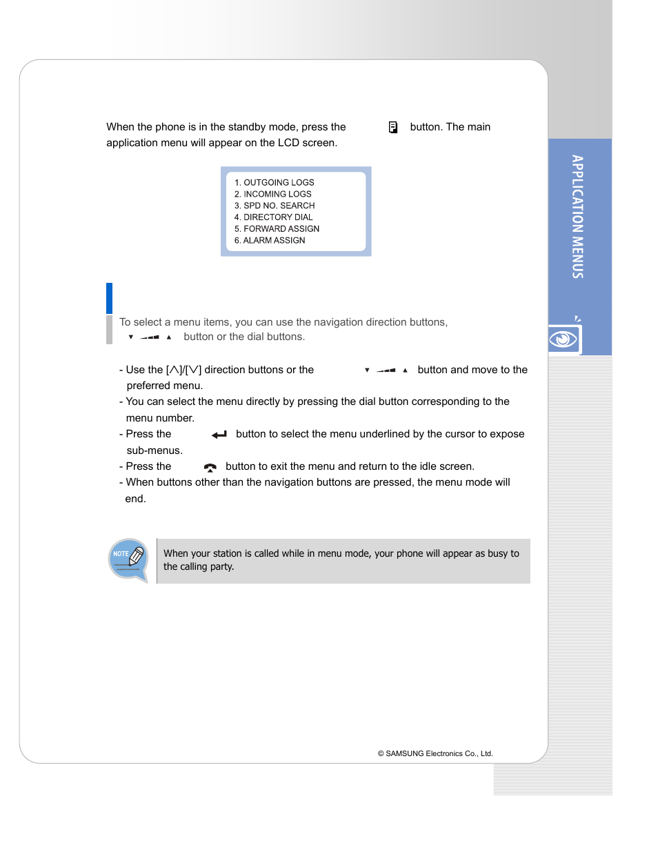 Entering application menus, How to select menu | Samsung ITP-5114D EN User Manual | Page 35 / 40