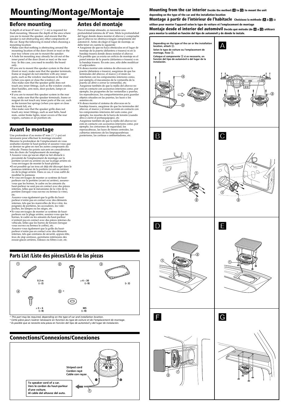 Mounting/montage/montaje, Before mounting, Avant le montage | Antes del montaje, Parts list /liste des pièces/lista de las piezas, Connections/connexions/conexiones | Sony XS-V4642A User Manual | Page 2 / 2