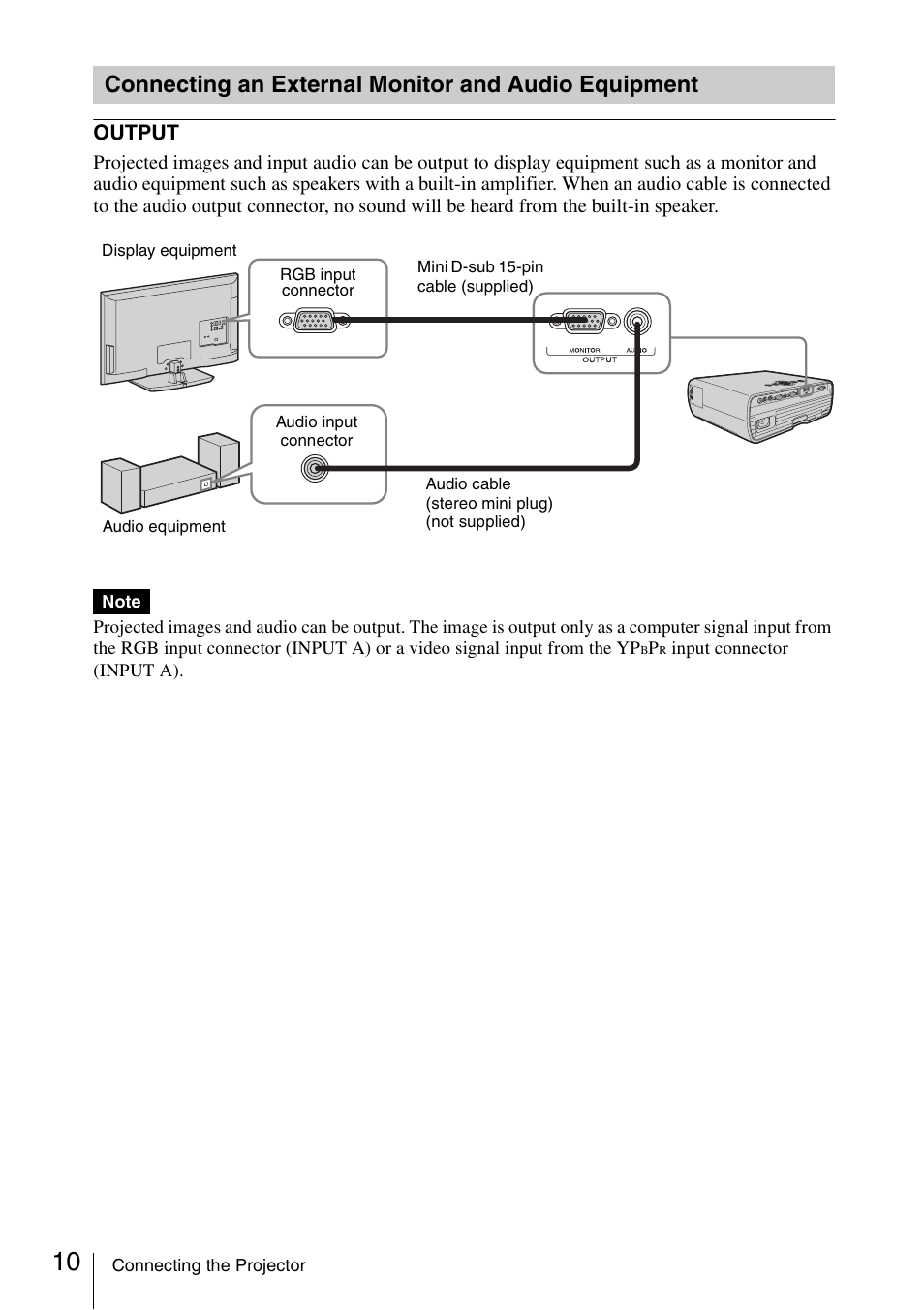 Connecting an external monitor and audio equipment, Connecting an external monitor and, Audio equipment | Sony VPL EW130 User Manual | Page 10 / 42