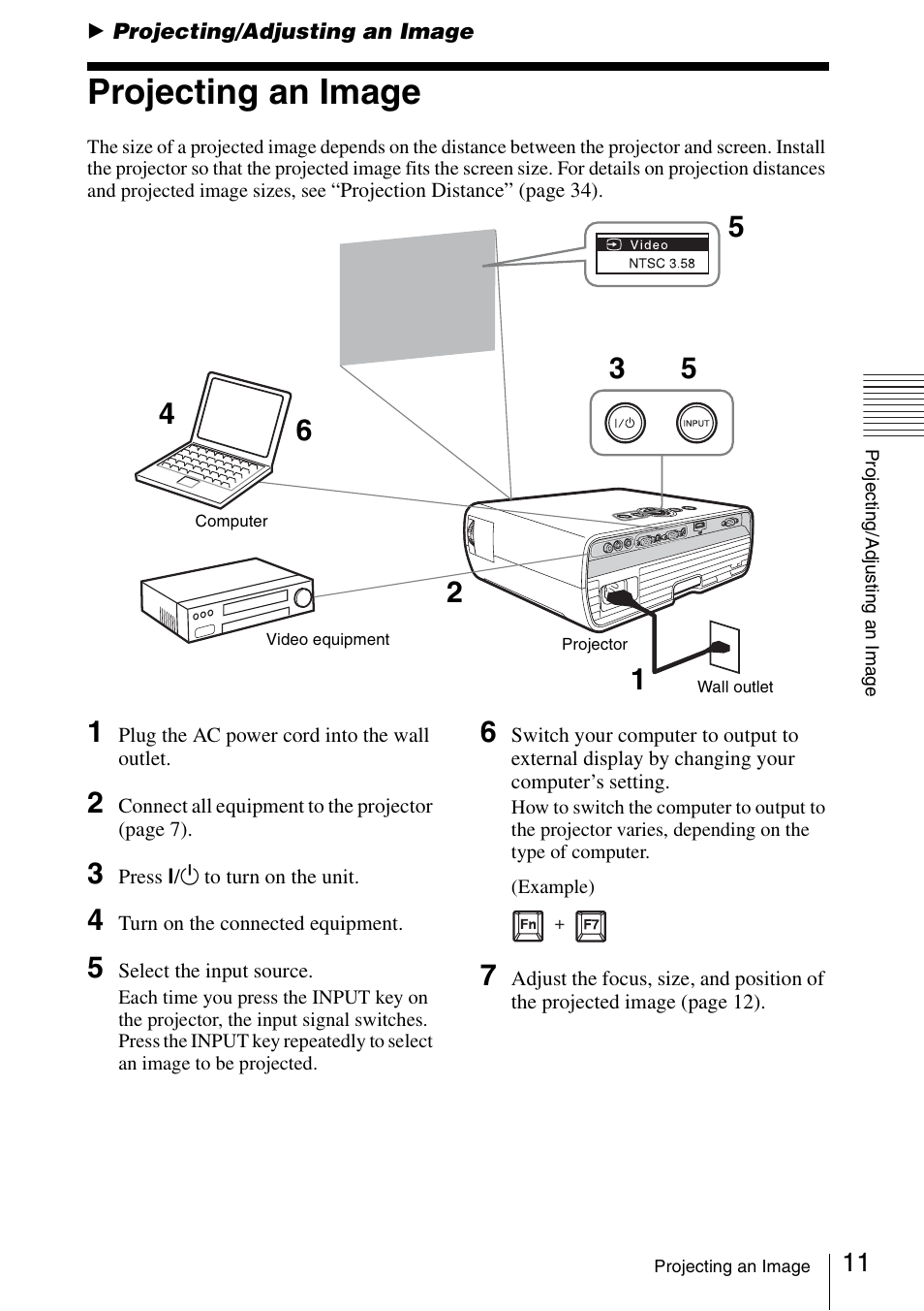 Projecting/adjusting an image, Projecting an image | Sony VPL EW130 User Manual | Page 11 / 42