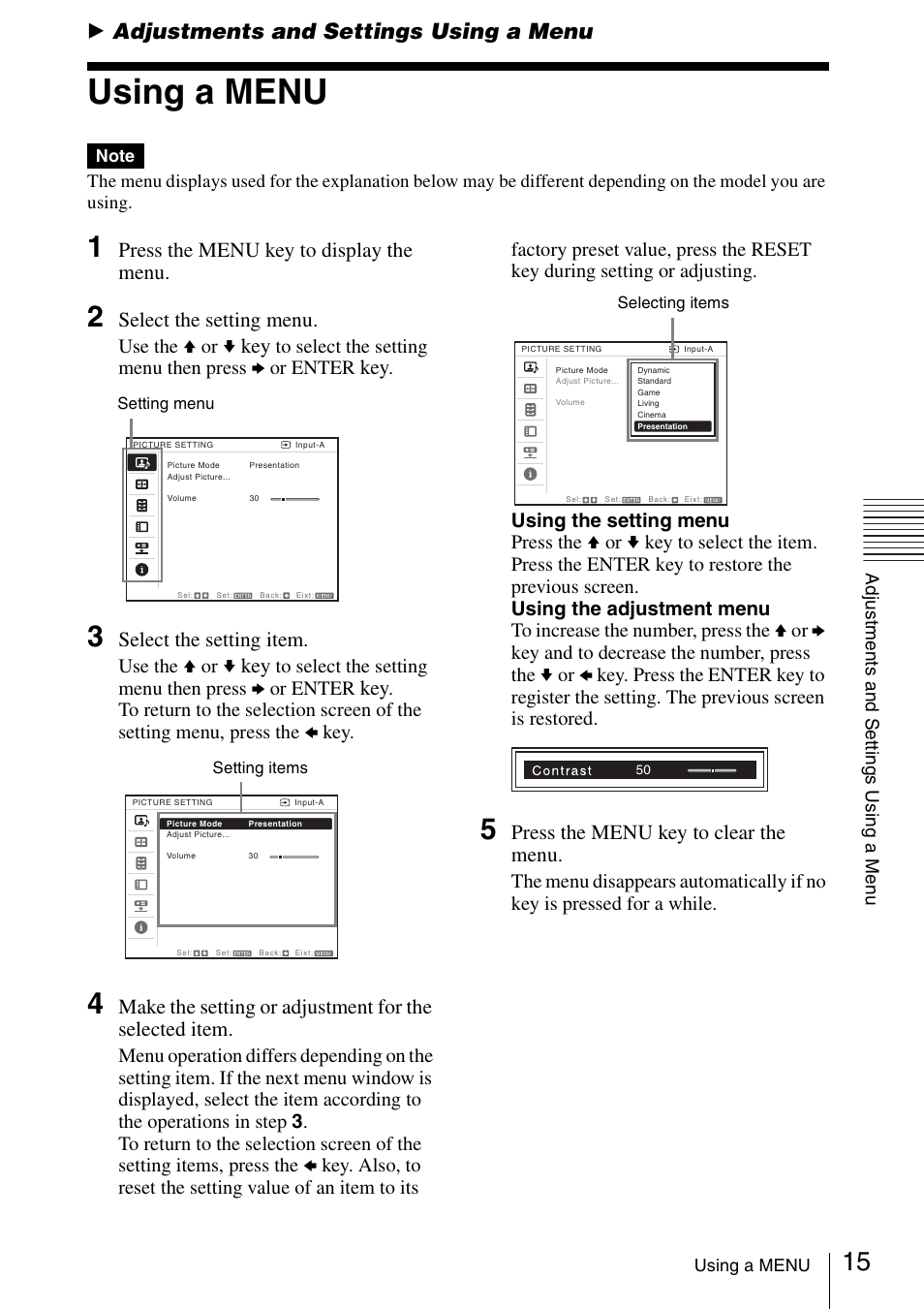 Adjustments and settings using a menu, Using a menu, B adjustments and settings using a menu | Press the menu key to display the menu, Select the setting menu, Select the setting item, Press the menu key to clear the menu, Use the v or v | Sony VPL EW130 User Manual | Page 15 / 42