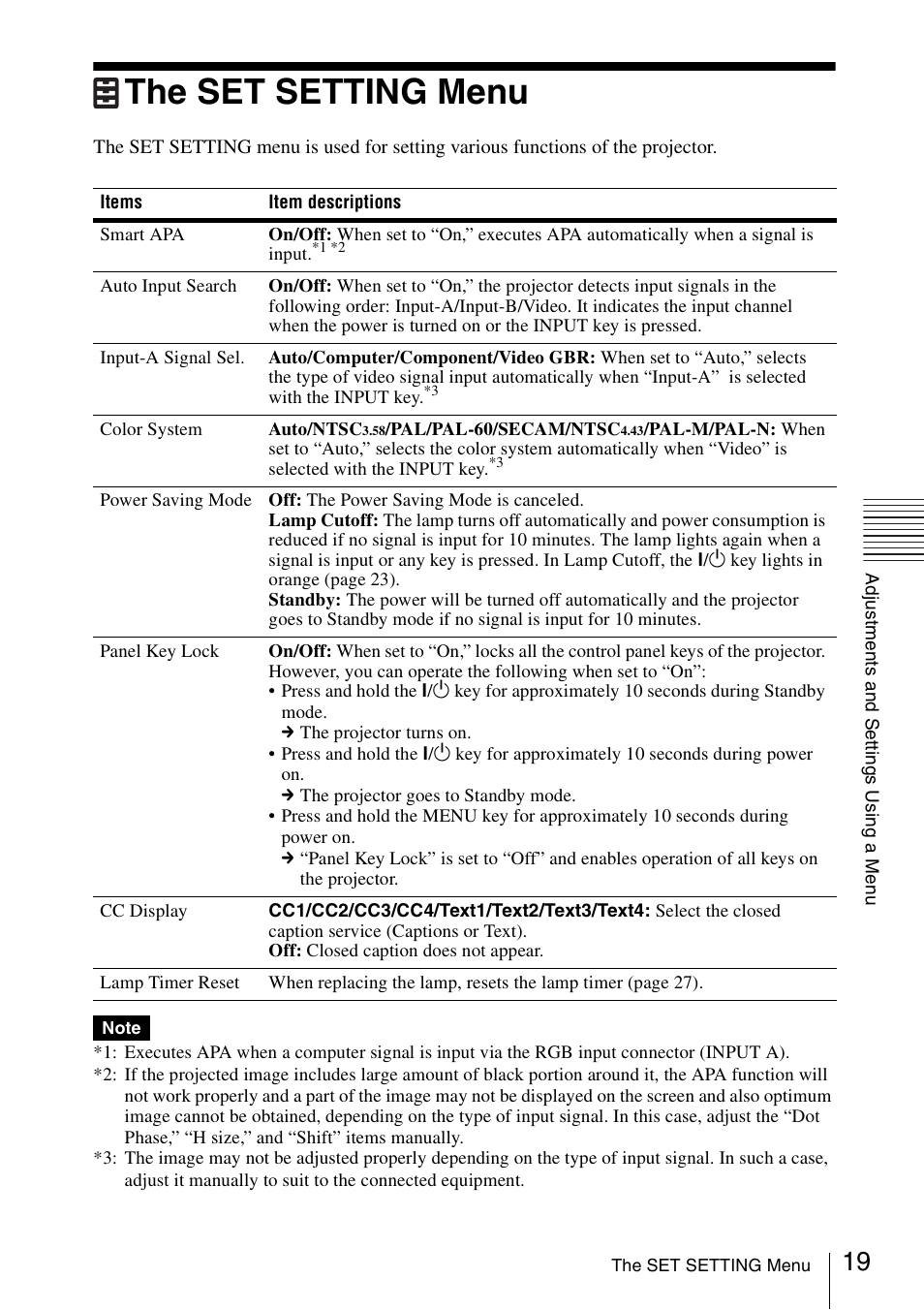 The set setting menu | Sony VPL EW130 User Manual | Page 19 / 42