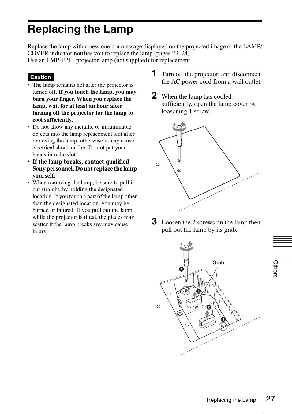 Replacing the lamp | Sony VPL EW130 User Manual | Page 27 / 42