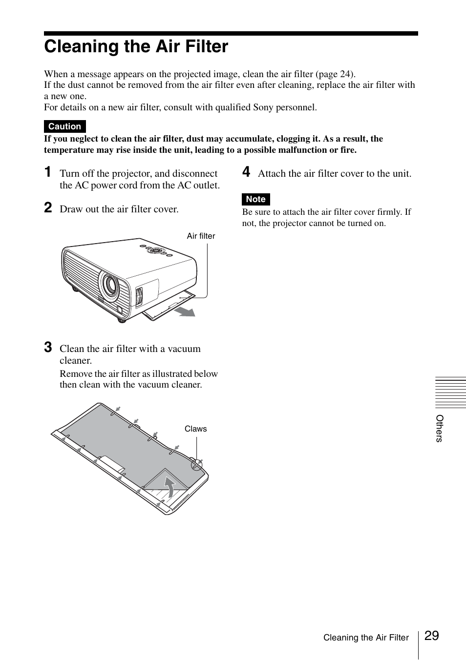 Cleaning the air filter, E 29) | Sony VPL EW130 User Manual | Page 29 / 42