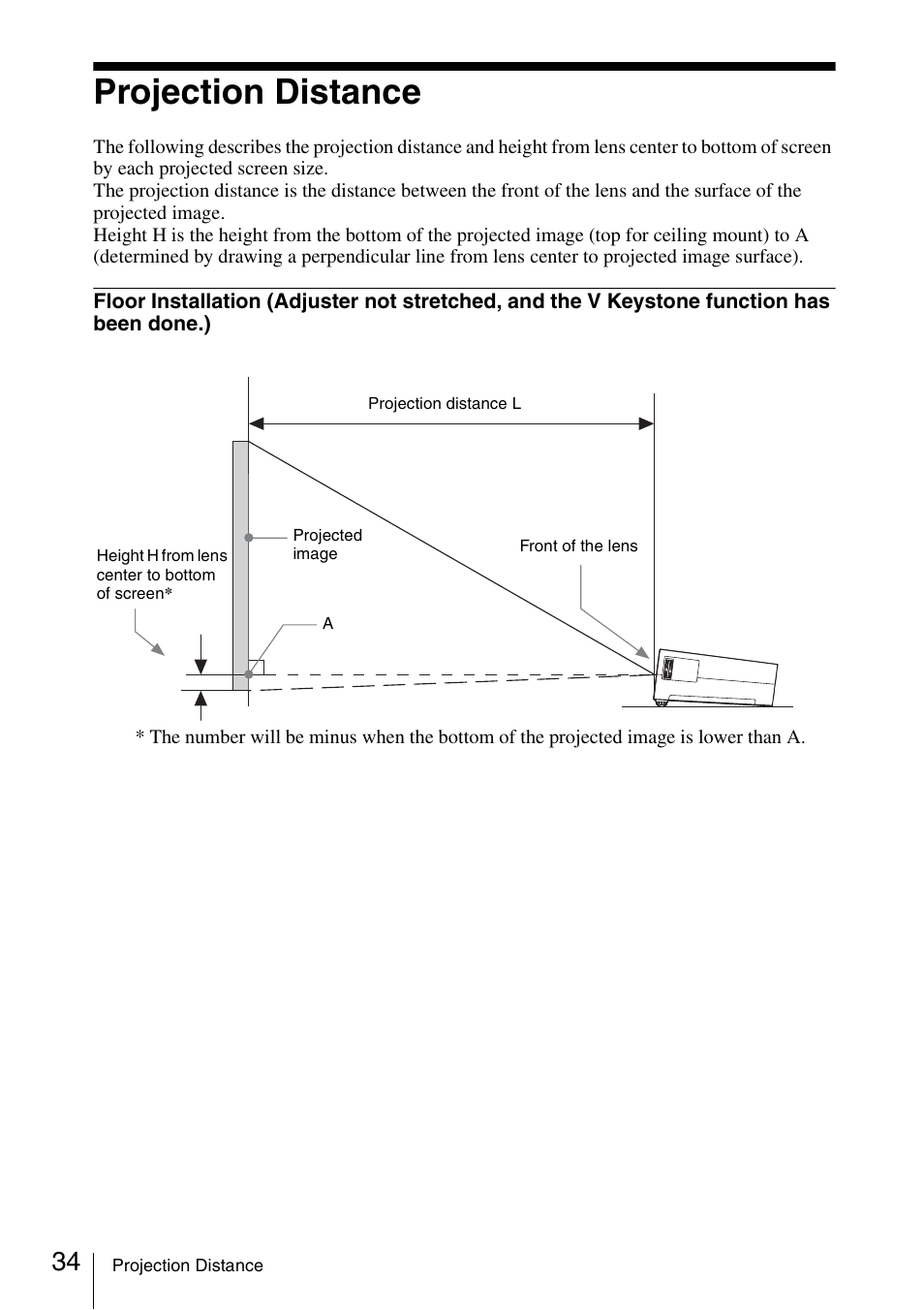 Projection distance | Sony VPL EW130 User Manual | Page 34 / 42