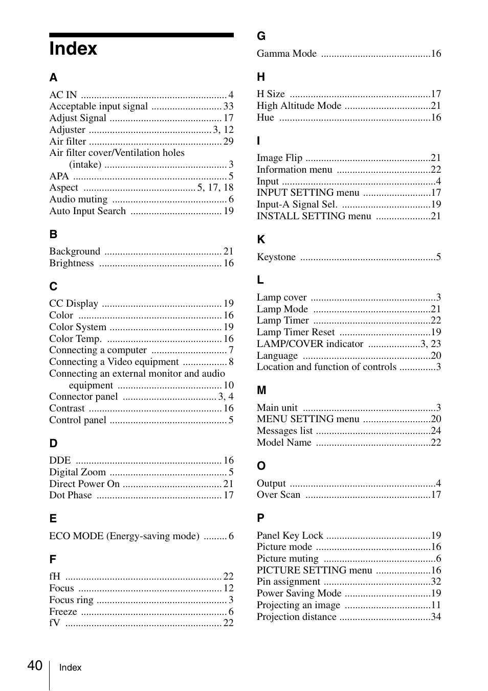 Index | Sony VPL EW130 User Manual | Page 40 / 42