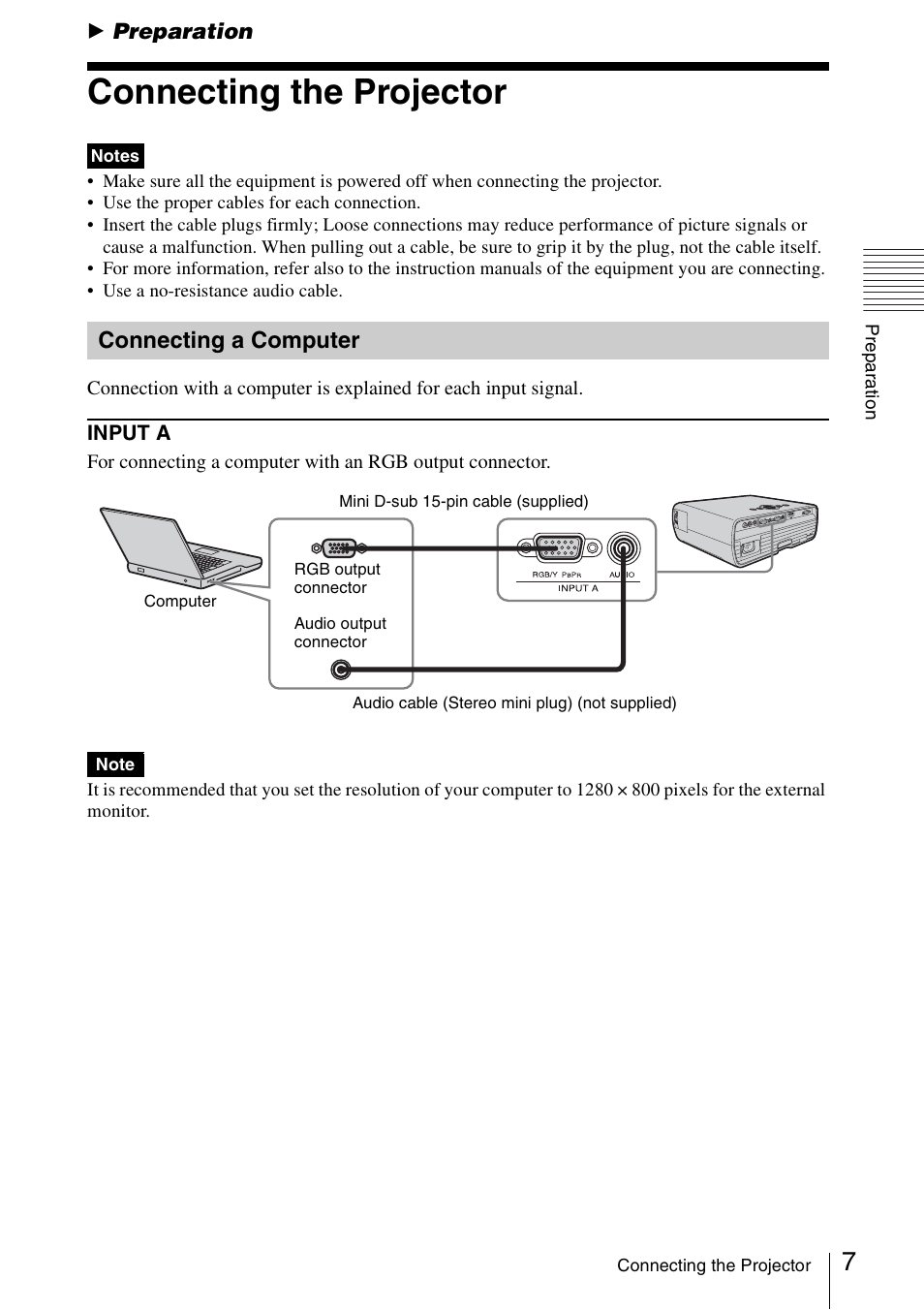 Preparation, Connecting the projector, Connecting a computer | Sony VPL EW130 User Manual | Page 7 / 42