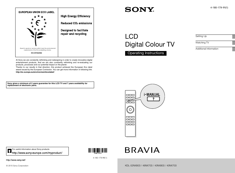 Lcd digital colour tv, Operating instructions | Sony BRAVIA 4-180-179-11(1) User Manual | Page 20 / 20