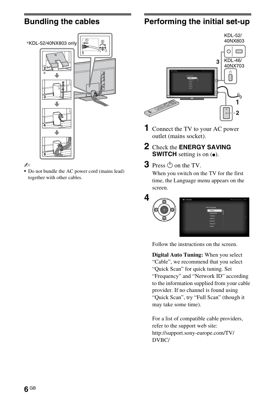 Bundling the cables, Performing the initial set-up | Sony BRAVIA 4-180-179-11(1) User Manual | Page 6 / 20