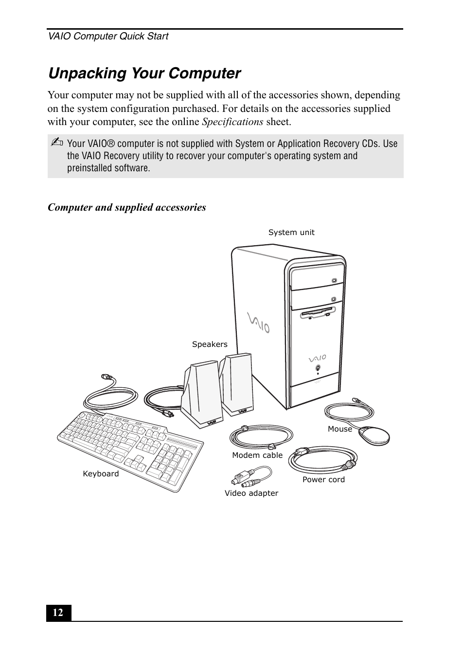 Unpacking your computer | Sony PCV-RS400 User Manual | Page 12 / 44
