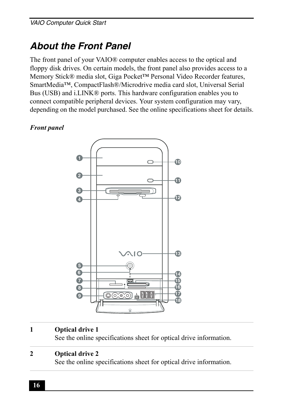 About the front panel | Sony PCV-RS400 User Manual | Page 16 / 44