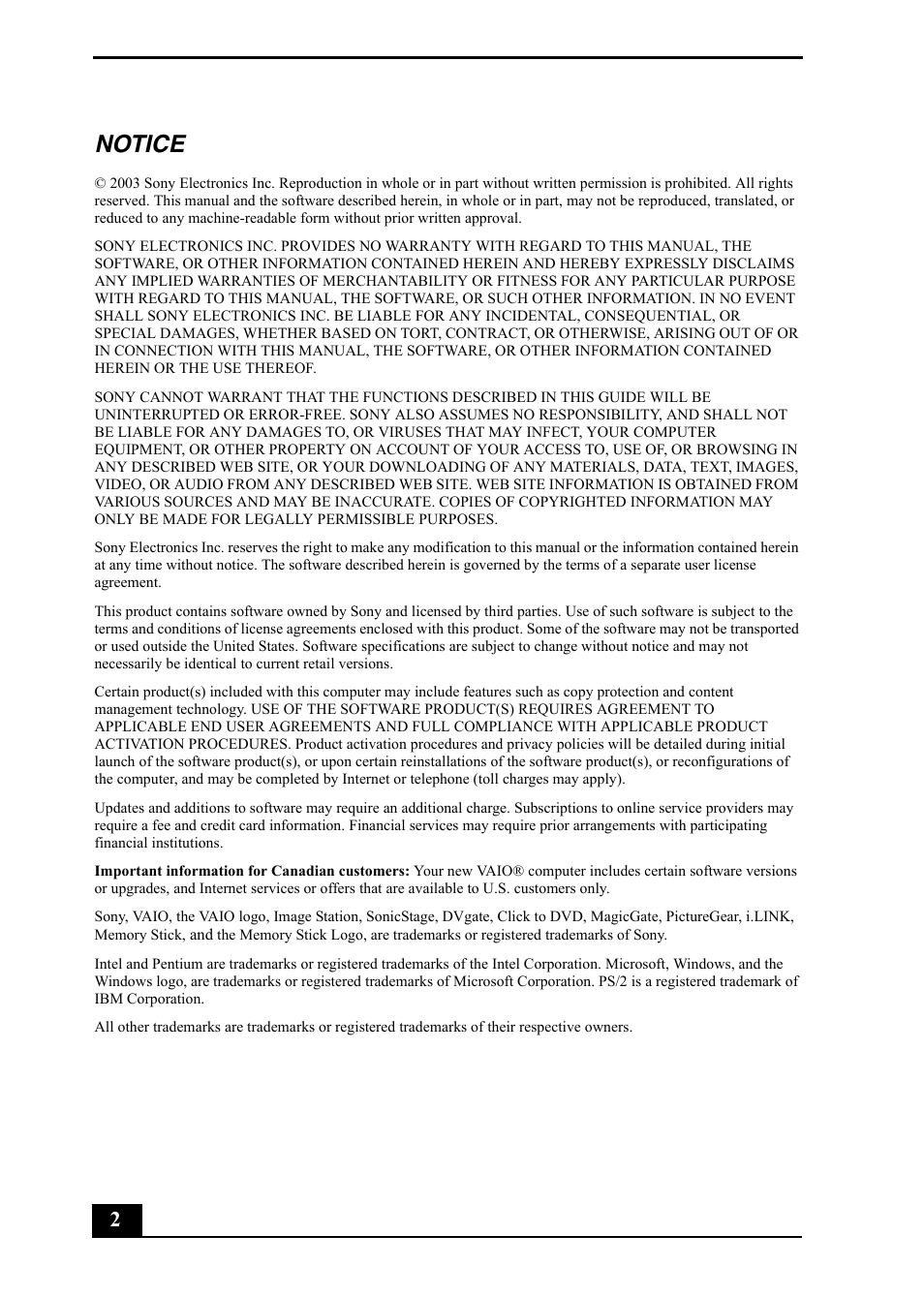 Notice | Sony PCV-RS400 User Manual | Page 2 / 44