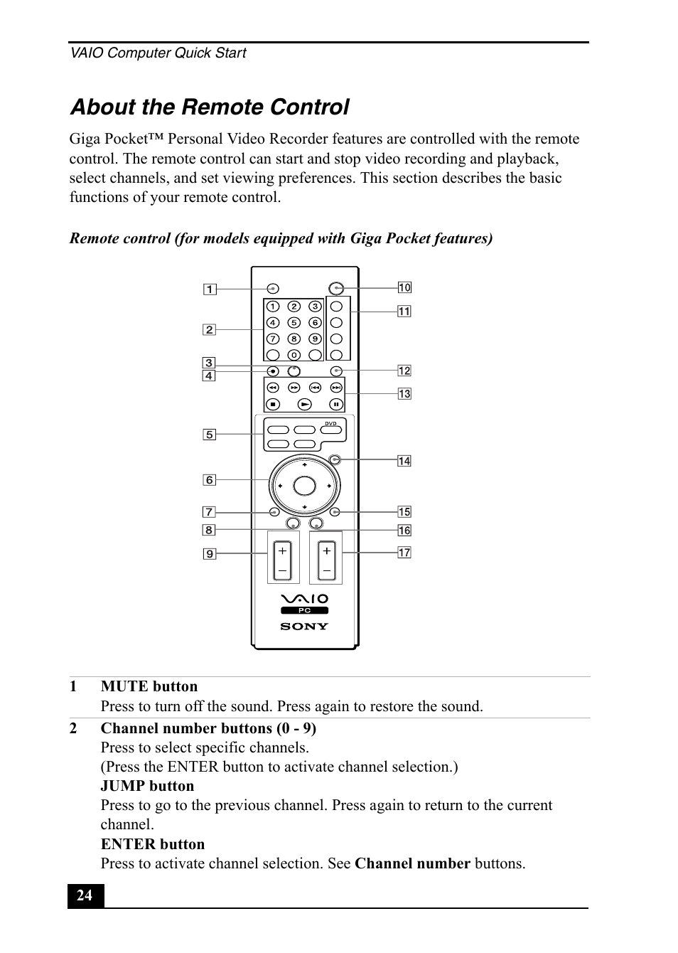 About the remote control, Vaio computer quick start | Sony PCV-RS400 User Manual | Page 24 / 44