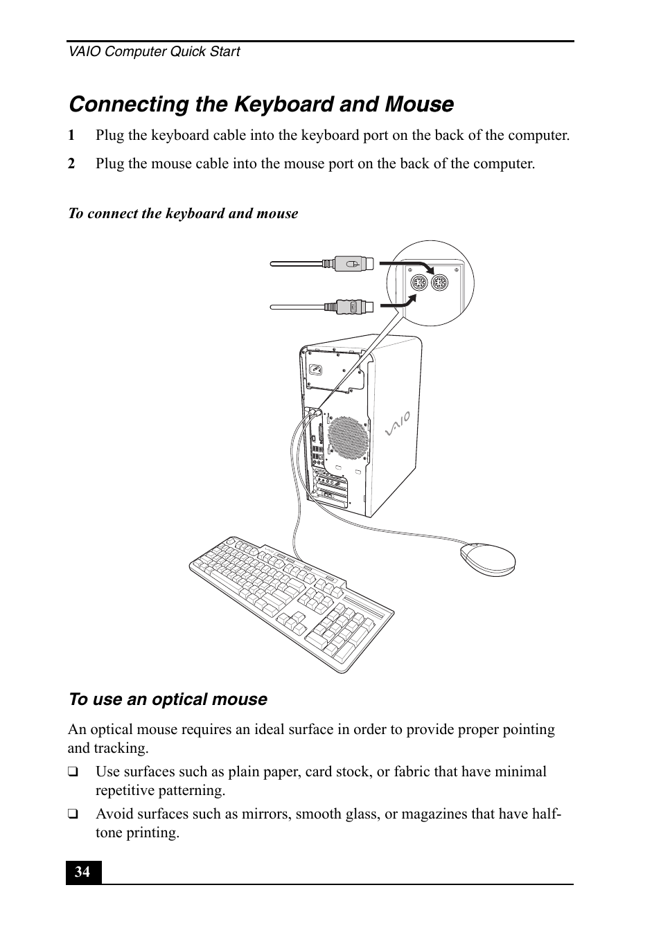 Connecting the keyboard and mouse use | Sony PCV-RS400 User Manual | Page 34 / 44