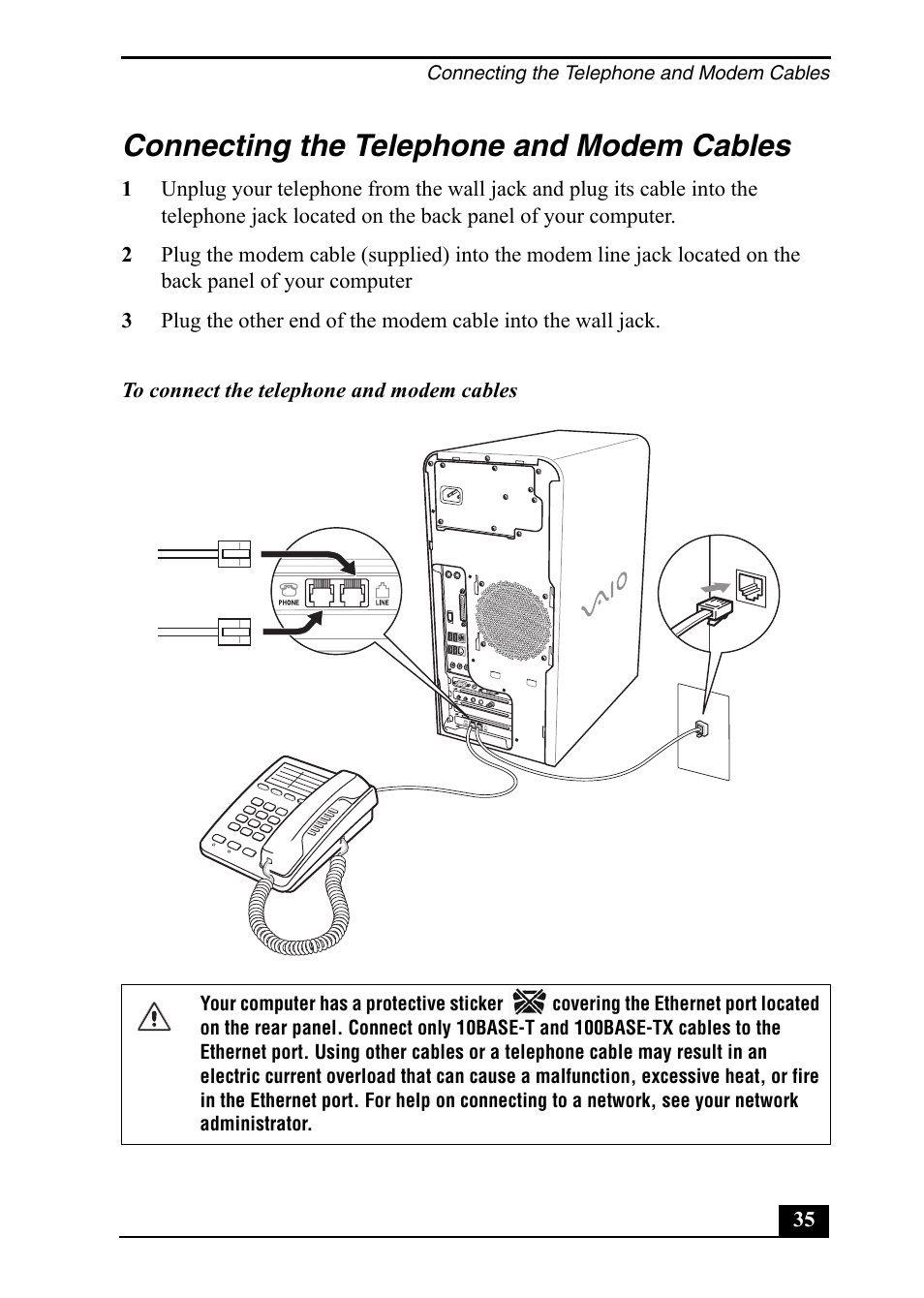 Connecting the telephone and modem cables | Sony PCV-RS400 User Manual | Page 35 / 44