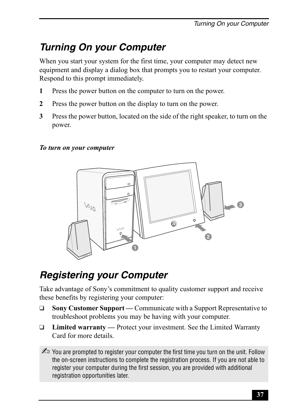 Turning on your computer, Registering your computer | Sony PCV-RS400 User Manual | Page 37 / 44