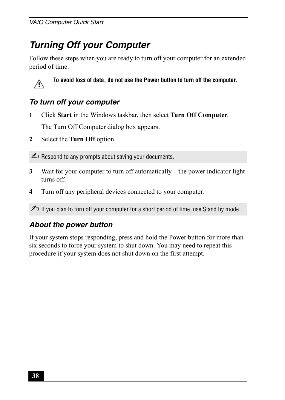 Turning off your computer | Sony PCV-RS400 User Manual | Page 38 / 44