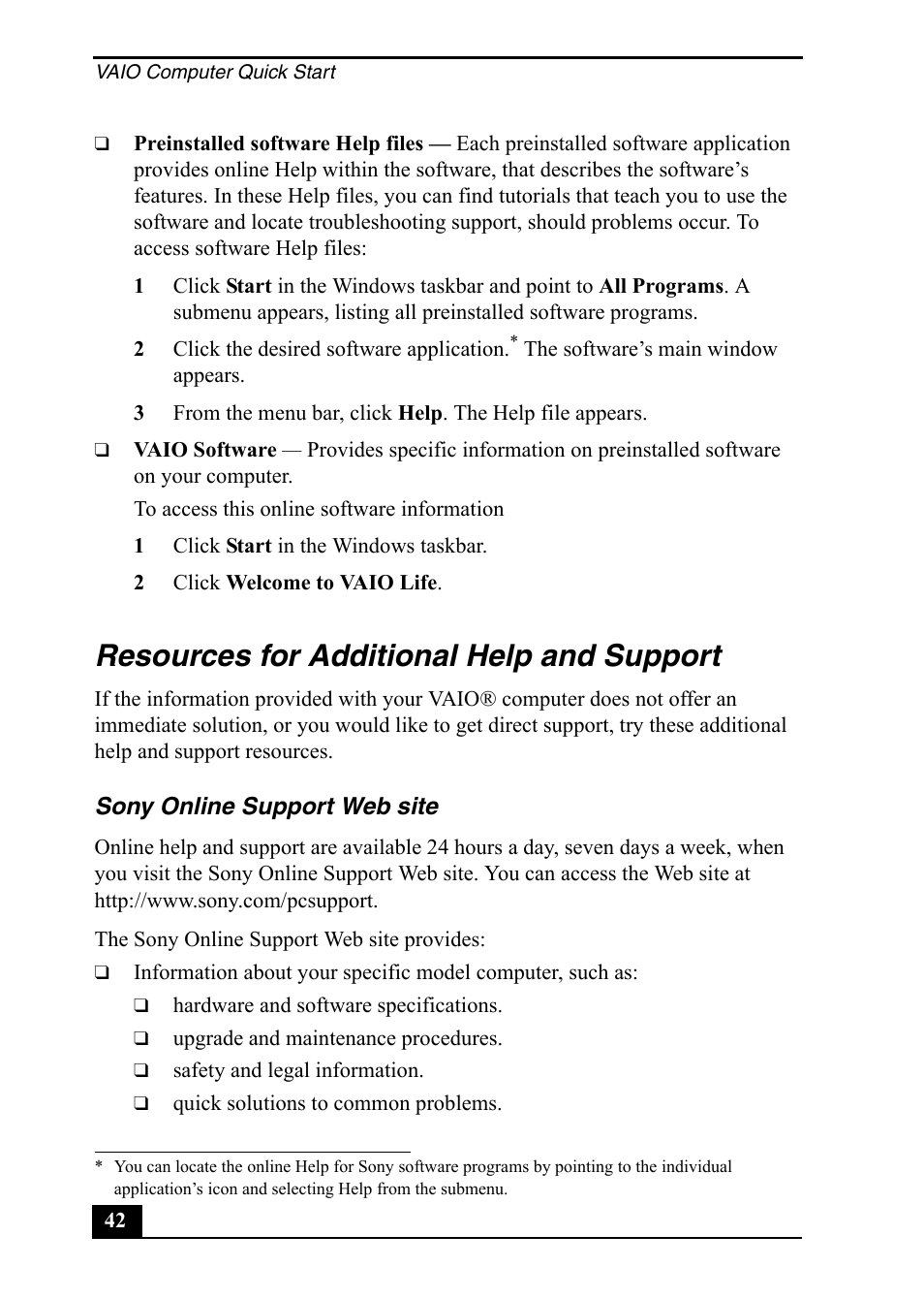 Resources for additional help and support | Sony PCV-RS400 User Manual | Page 42 / 44