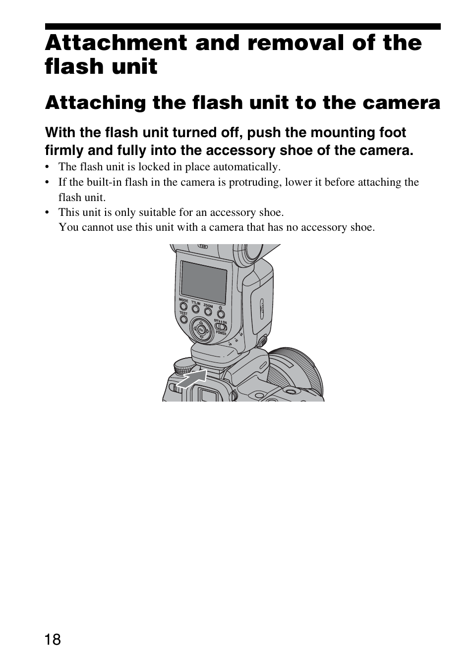 Attachment and removal of the flash unit, Attaching the flash unit to the camera | Sony 4-183-746-11(1) User Manual | Page 18 / 88