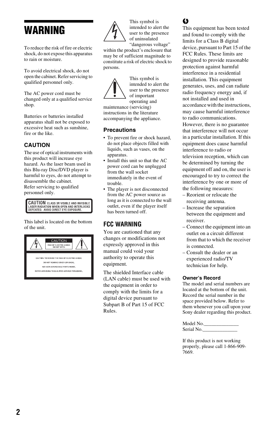 Warning, Fcc warning | Sony DISC BDP-SX1000 User Manual | Page 2 / 32