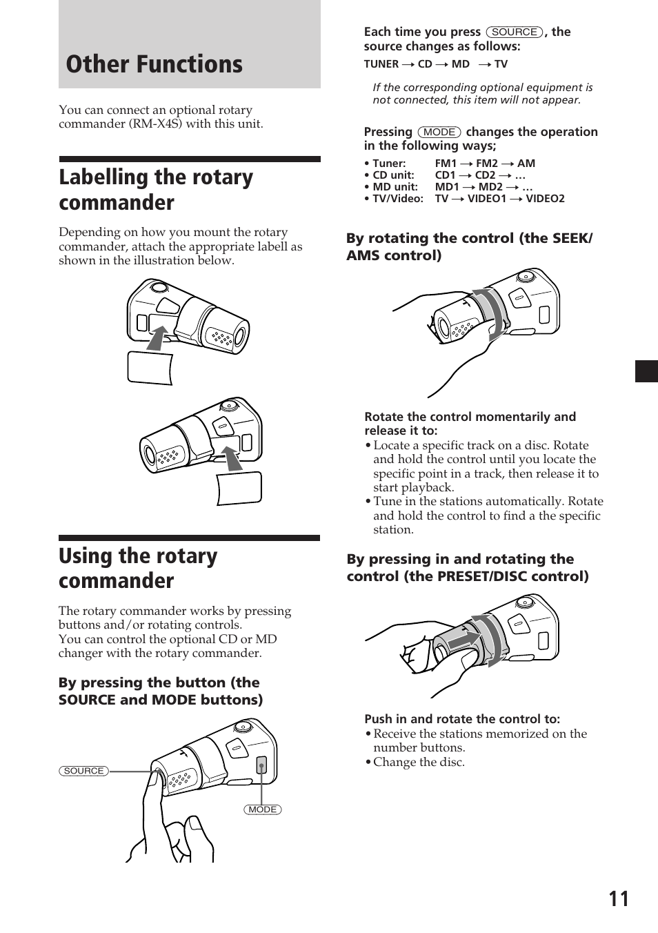 Other functions, Labelling the rotary commander, Using the rotary commander | Sony CDX-C6600 User Manual | Page 11 / 46