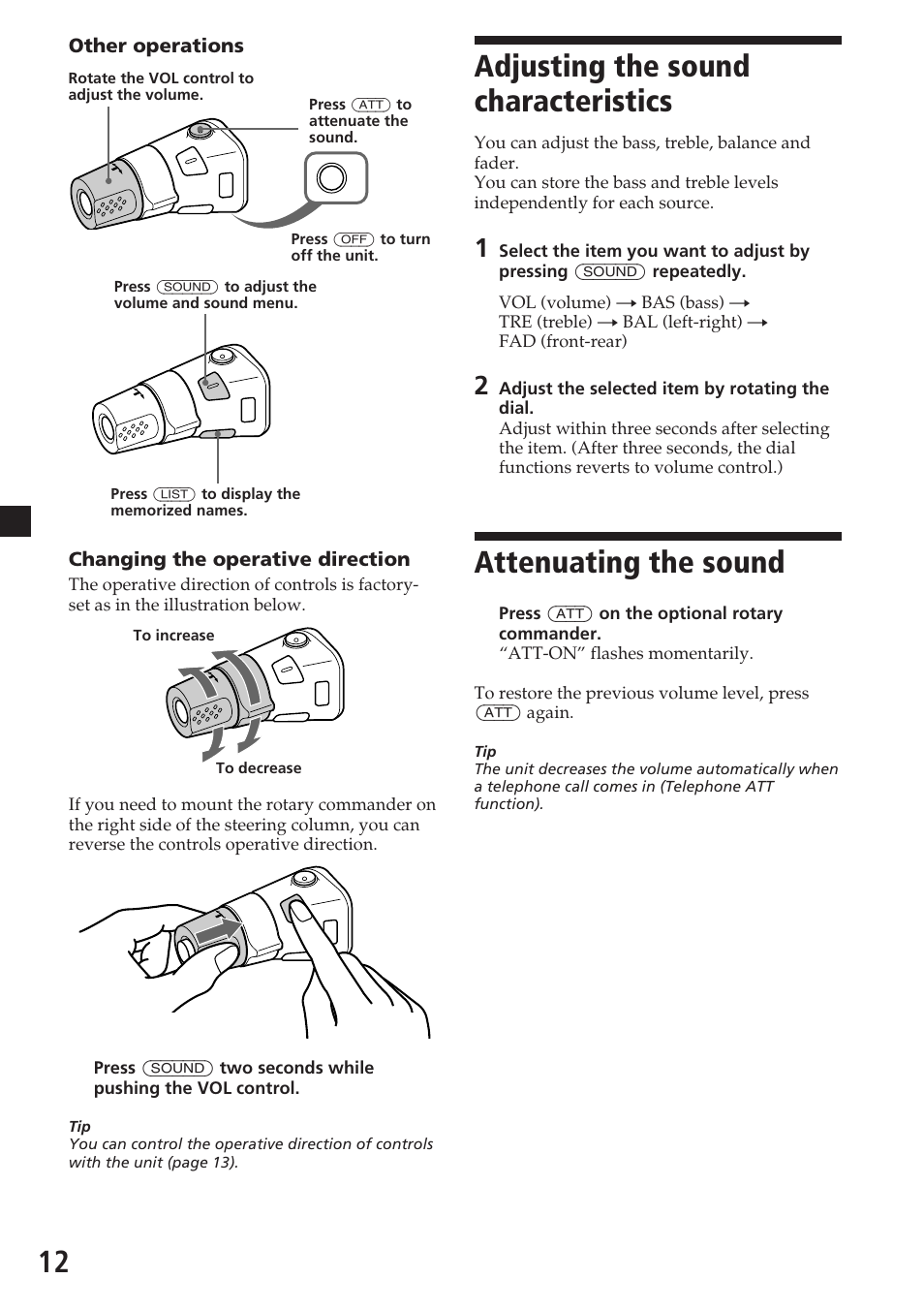 Adjusting the sound characteristics, Attenuating the sound | Sony CDX-C6600 User Manual | Page 12 / 46