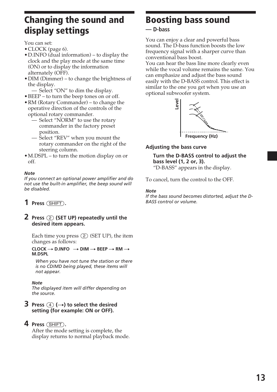13 changing the sound and display settings, Boosting bass sound | Sony CDX-C6600 User Manual | Page 13 / 46