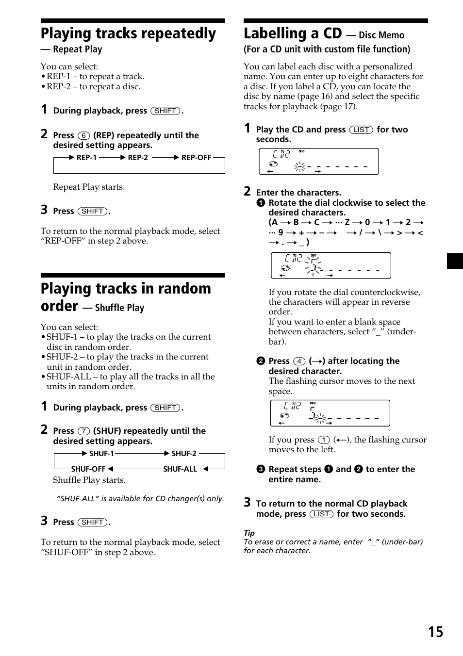 15 playing tracks repeatedly, Playing tracks in random order, Labelling a cd | Sony CDX-C6600 User Manual | Page 15 / 46