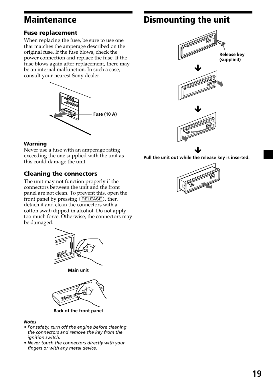 19 dismounting the unit, Maintenance | Sony CDX-C6600 User Manual | Page 19 / 46