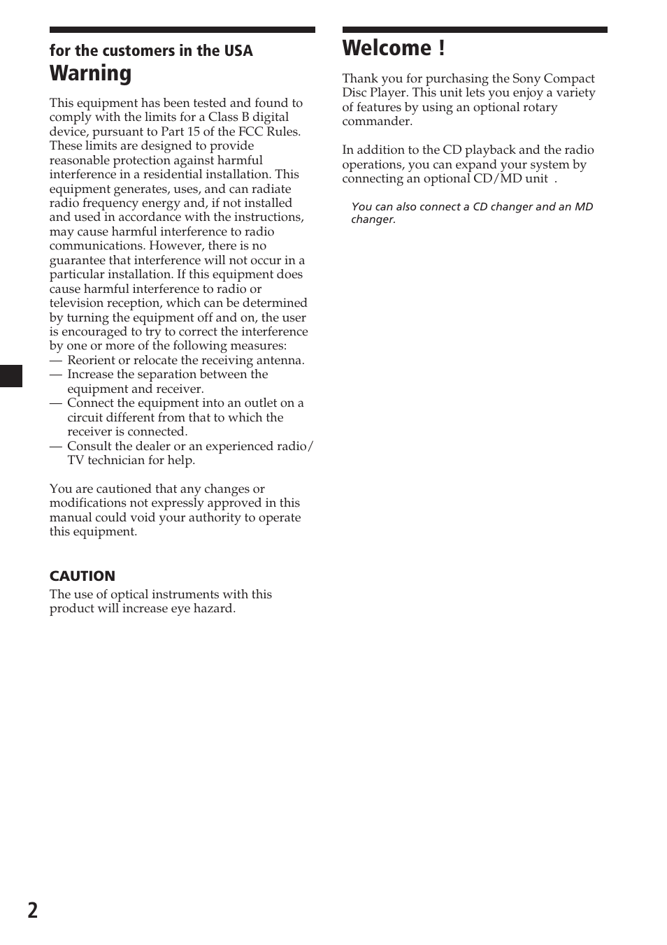 Warning, Welcome | Sony CDX-C6600 User Manual | Page 2 / 46