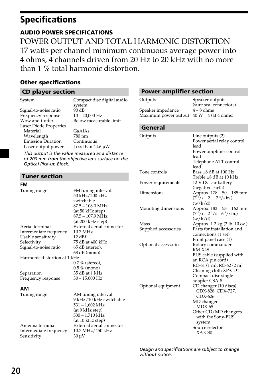 20 specifications, Audio power specifications, General | Sony CDX-C6600 User Manual | Page 20 / 46