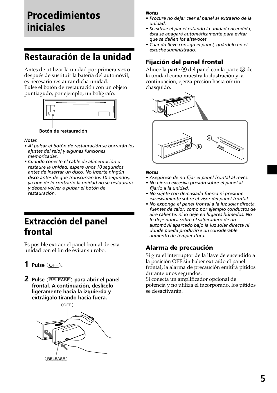 Procedimientos iniciales, Restauración de la unidad, Extracción del panel frontal | Sony CDX-C6600 User Manual | Page 27 / 46