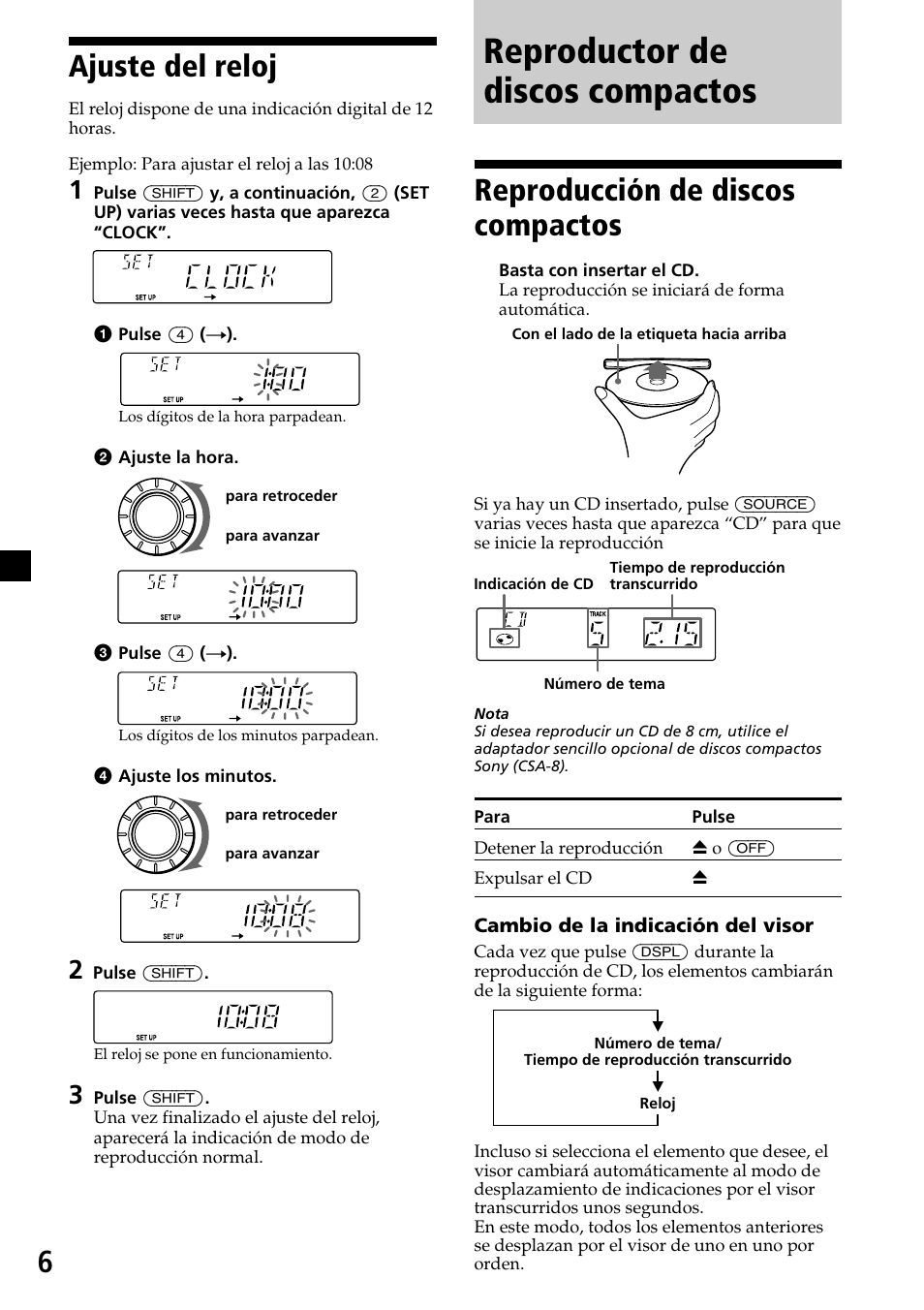 Reproductor de discos compactos, 6ajuste del reloj, Reproducción de discos compactos | Sony CDX-C6600 User Manual | Page 28 / 46