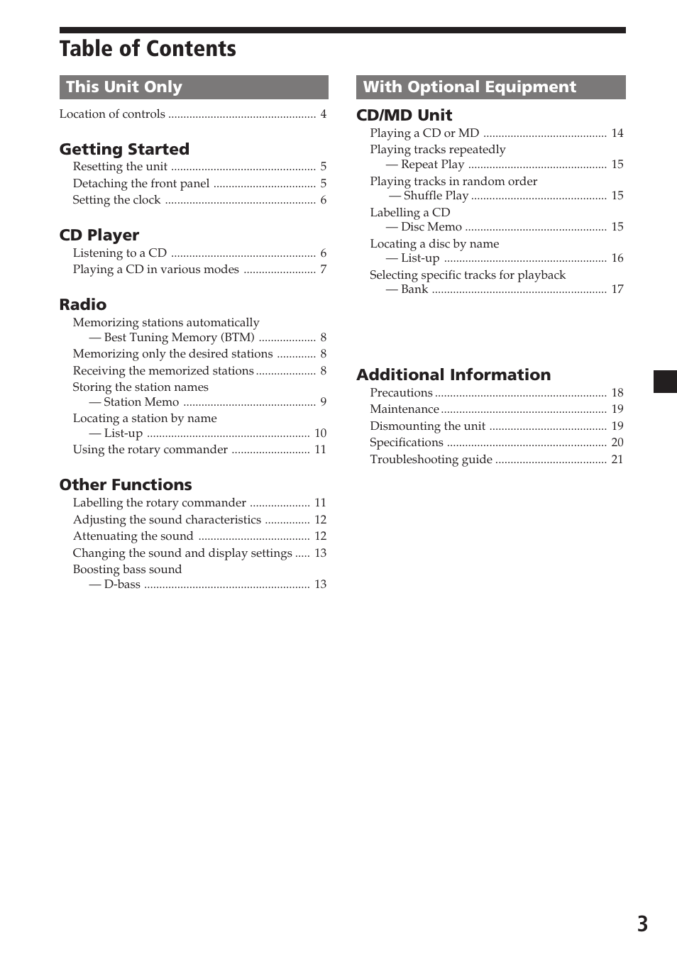 3table of contents | Sony CDX-C6600 User Manual | Page 3 / 46