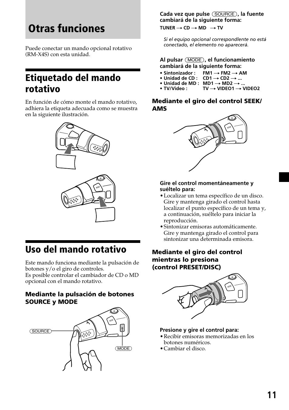 Otras funciones, Etiquetado del mando rotativo, Uso del mando rotativo | Sony CDX-C6600 User Manual | Page 33 / 46