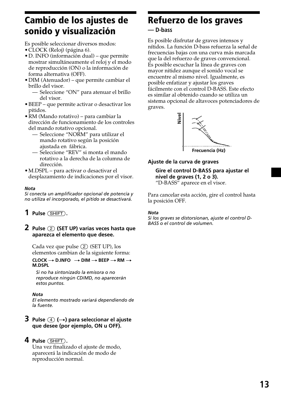 13 cambio de los ajustes de sonido y visualización, Refuerzo de los graves | Sony CDX-C6600 User Manual | Page 35 / 46