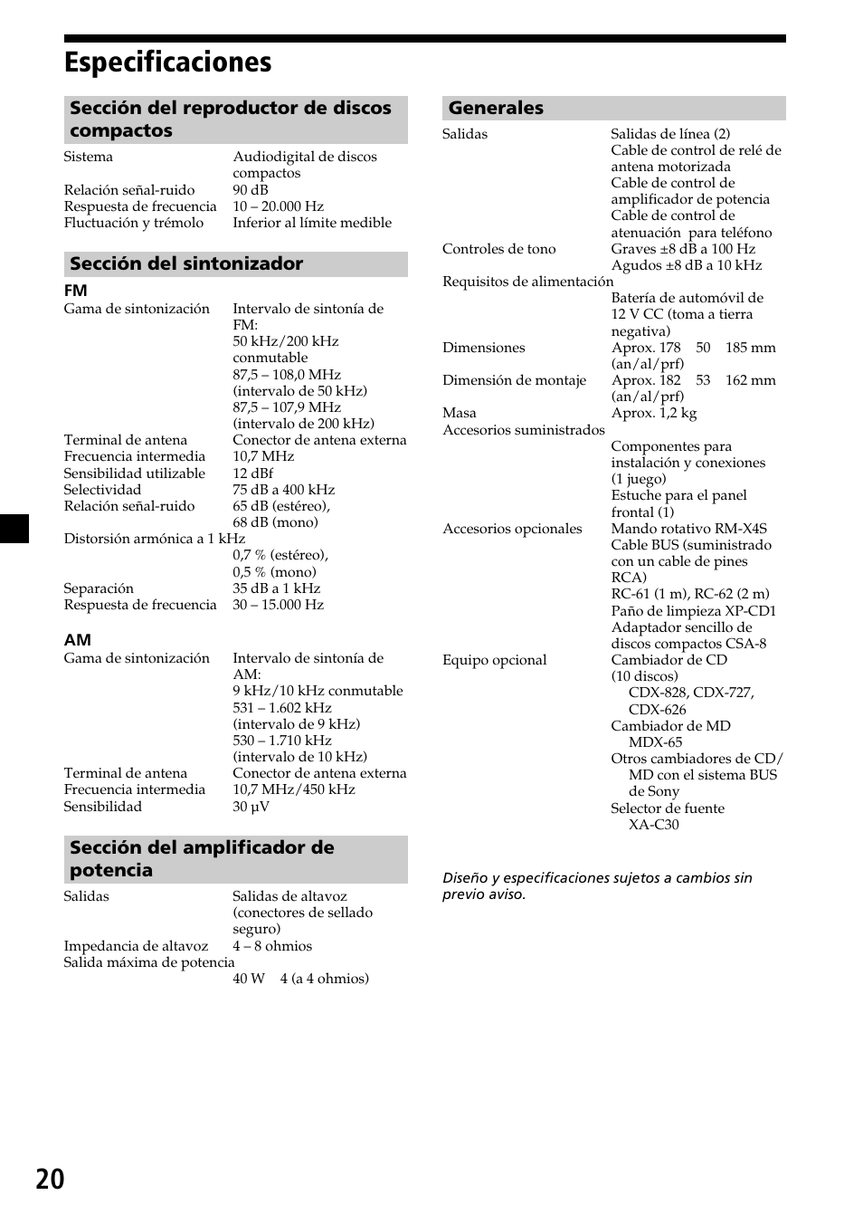 20 especificaciones, Sección del reproductor de discos compactos, Sección del sintonizador | Sección del amplificador de potencia, Generales | Sony CDX-C6600 User Manual | Page 42 / 46