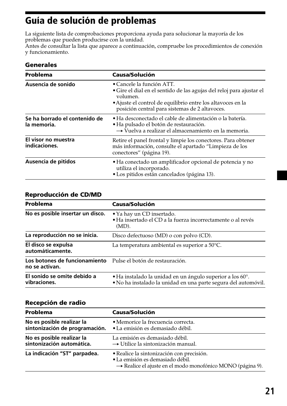 21 guía de solución de problemas | Sony CDX-C6600 User Manual | Page 43 / 46