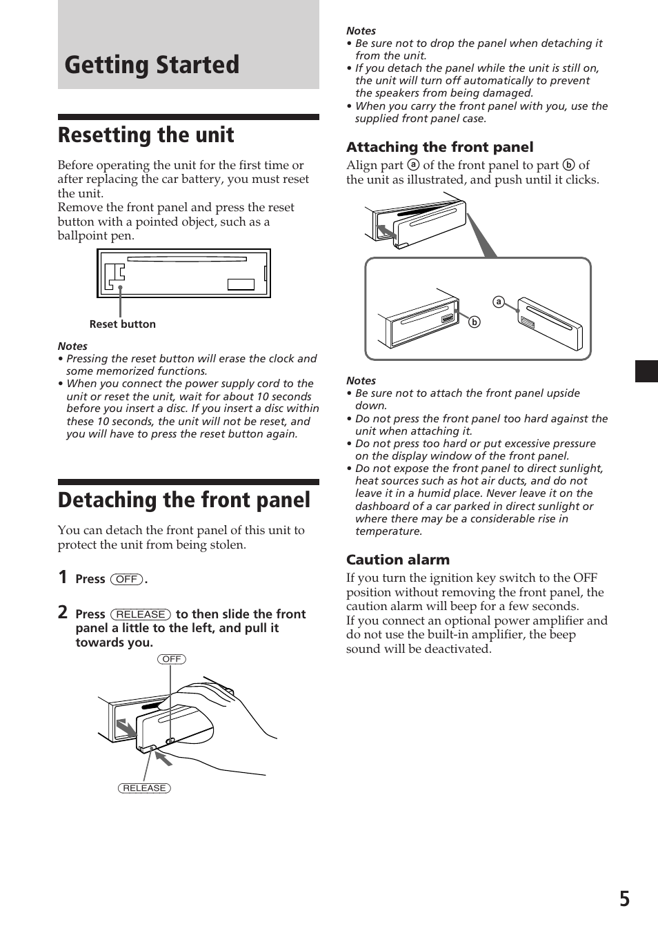 Getting started, Resetting the unit, Detaching the front panel | Sony CDX-C6600 User Manual | Page 5 / 46