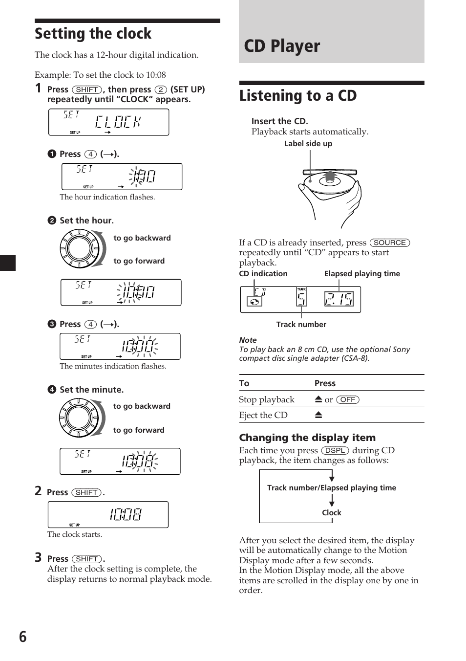 Cd player, 6setting the clock, Listening to a cd | Sony CDX-C6600 User Manual | Page 6 / 46